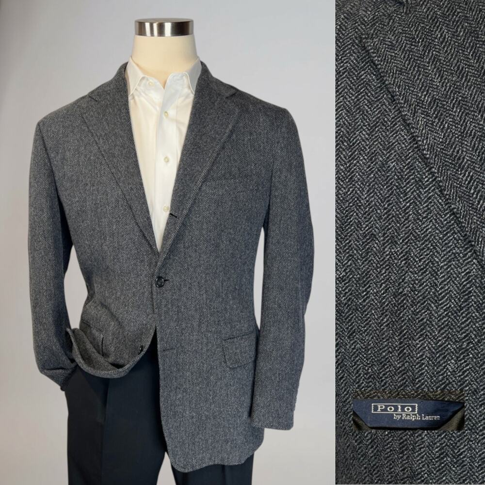 Vintage Polo Ralph Lauren Tweed 43-44R Gray Herringbone Sport Coat 3/2 Roll